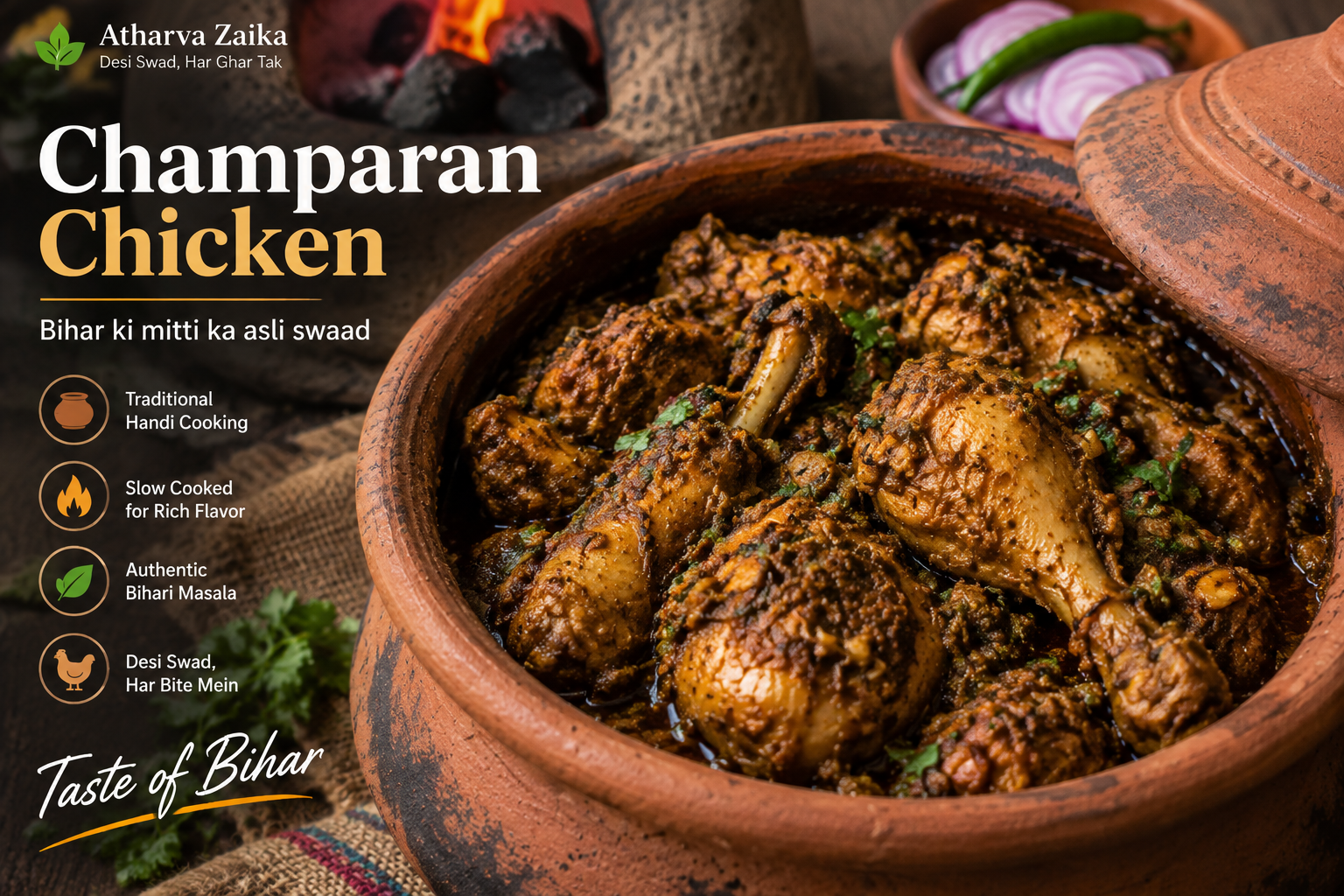 Authentic Champaran Chicken cooked in a traditional clay handi